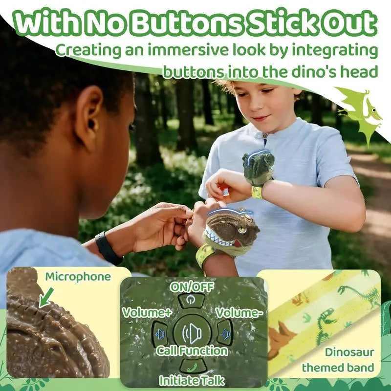 A child is using a no-button stick-out dinosaur head walkie talkie set for an immersive look.