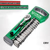A green chrome vanadium socket set with a quick-release ratchet and various sockets is shown on a white background.
