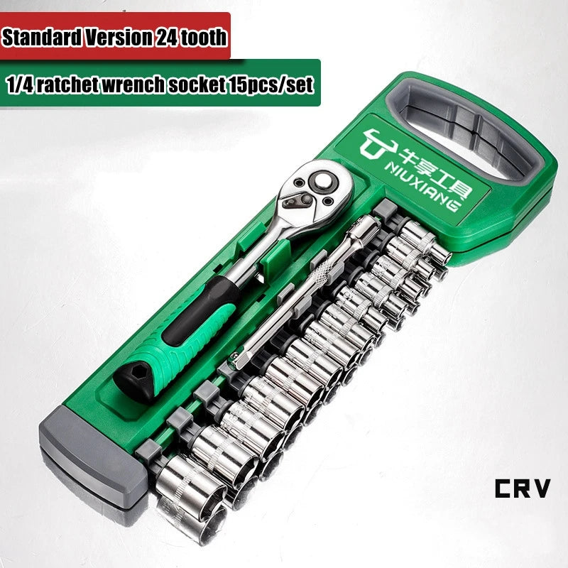A green chrome vanadium socket set with a quick-release ratchet and various sockets is shown on a white background.