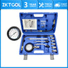 Blue engine cylinder compression tester kit with gauges and adapters in a plastic case