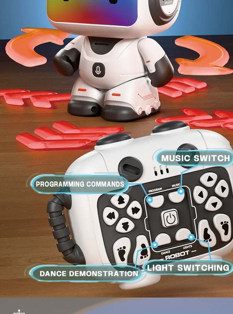 A white interactive robot is shown with various features highlighted, including music switch, programming commands, dance dem
