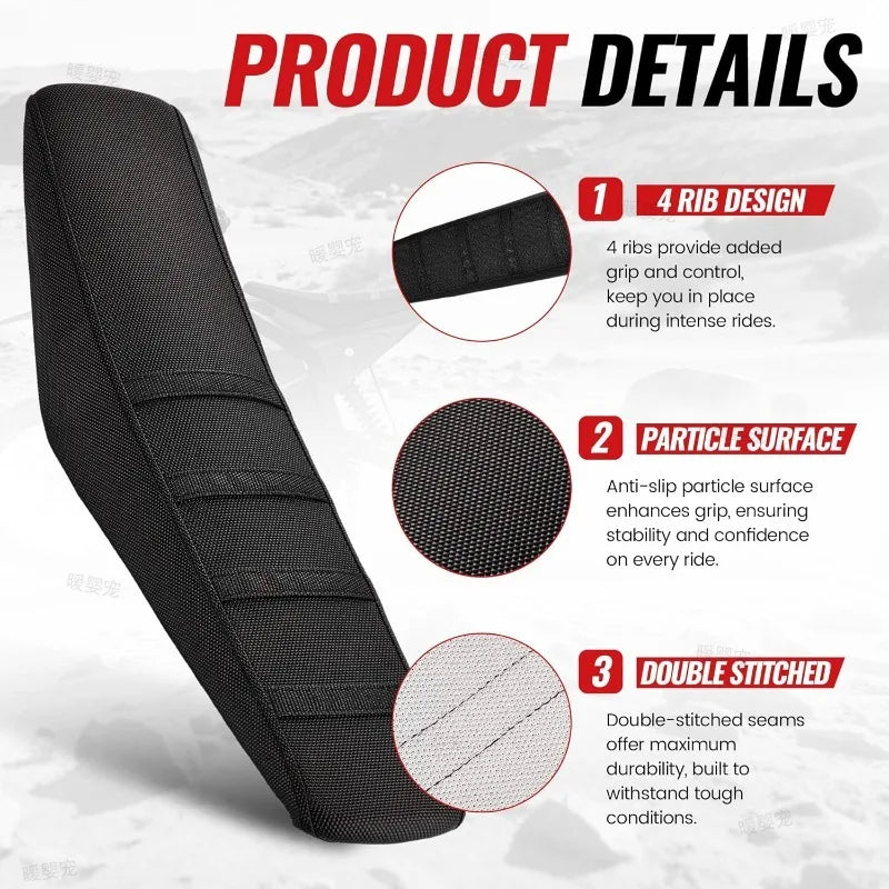 Black waterproof non-slip seat cover for an electric bike, featuring a rib design and double stitching.