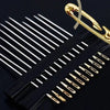 A set of gold-tipped self-threading sewing needles with side holes displayed on a black background.
