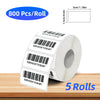 Roll of thermal label paper with barcode and dimensions shown next to a wooden surface