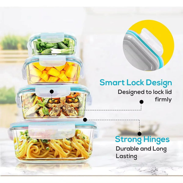Una pila de recipientes de comida de vidrio transparente con diseños de cerradura inteligente y bisagras fuertes.