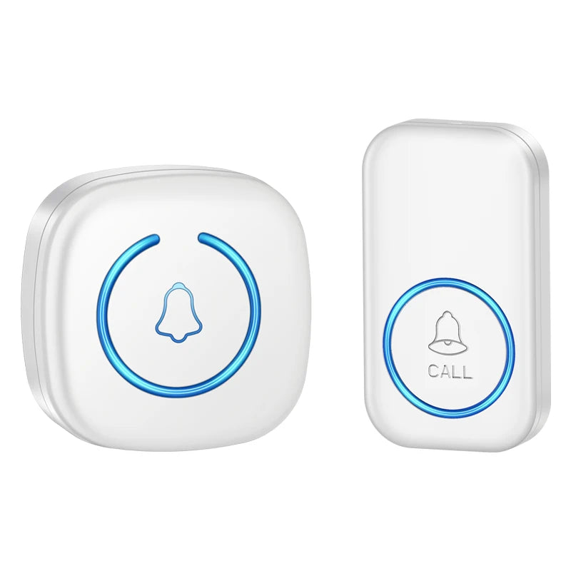 A white wireless doorbell unit with a circular button displaying a call icon.