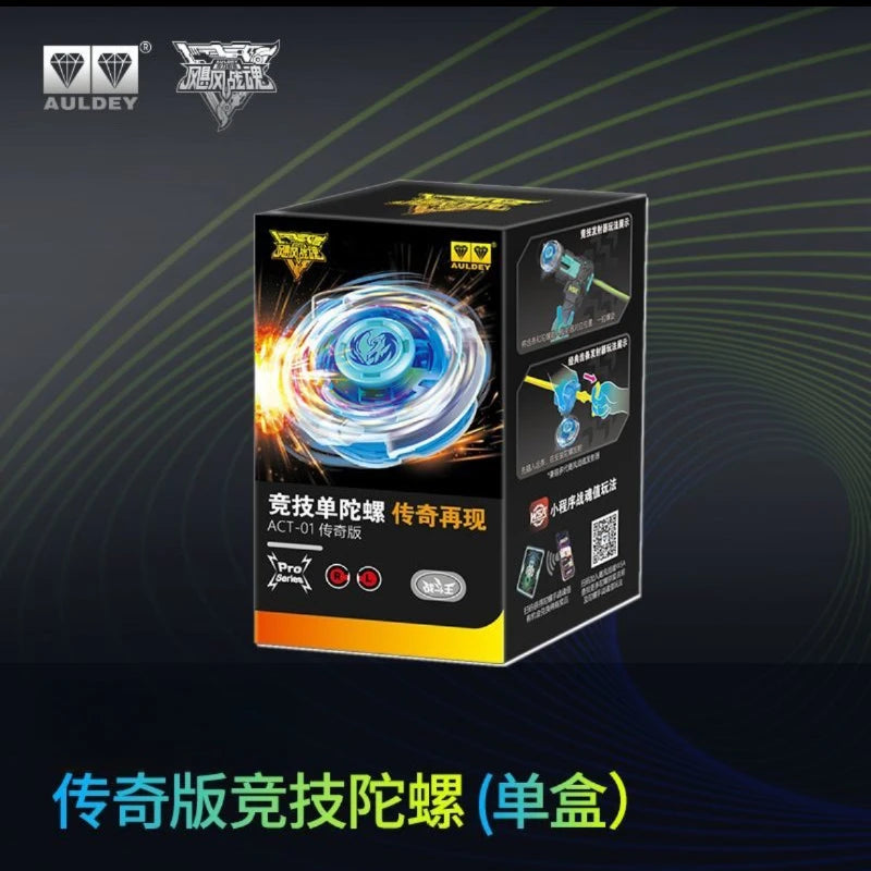 A box of AULDEY Infinity Nado Spin Force Battle Top with Launcher featuring a blue and gold spinning toy.