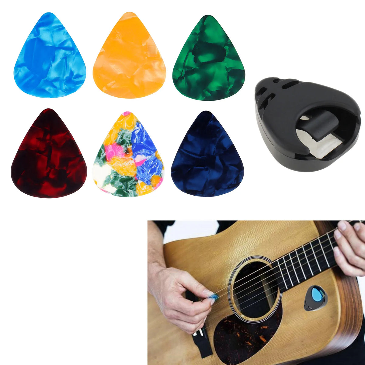 A set of colorful adhesive guitar pick holders and a black pick holder next to an acoustic guitar.