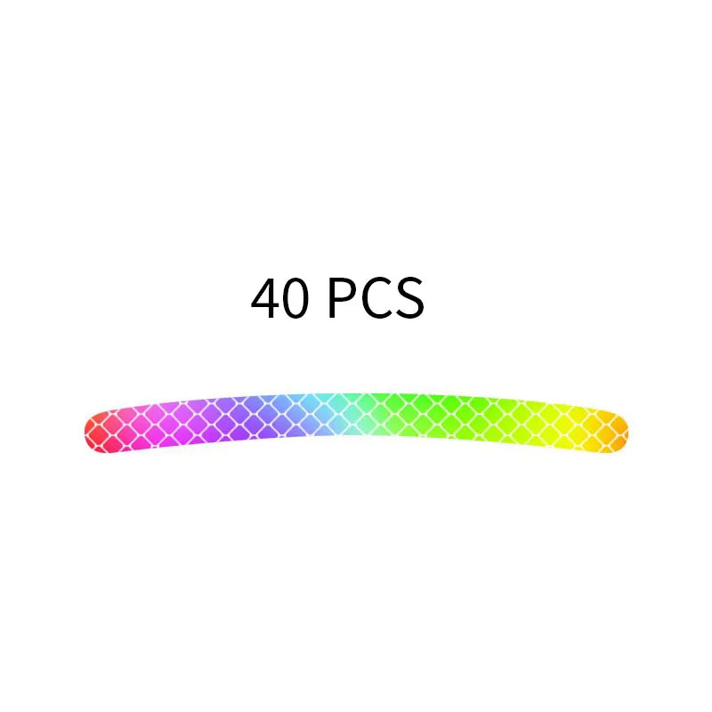 A row of 40 iridescent, rainbow-colored reflective wheel rim stickers.