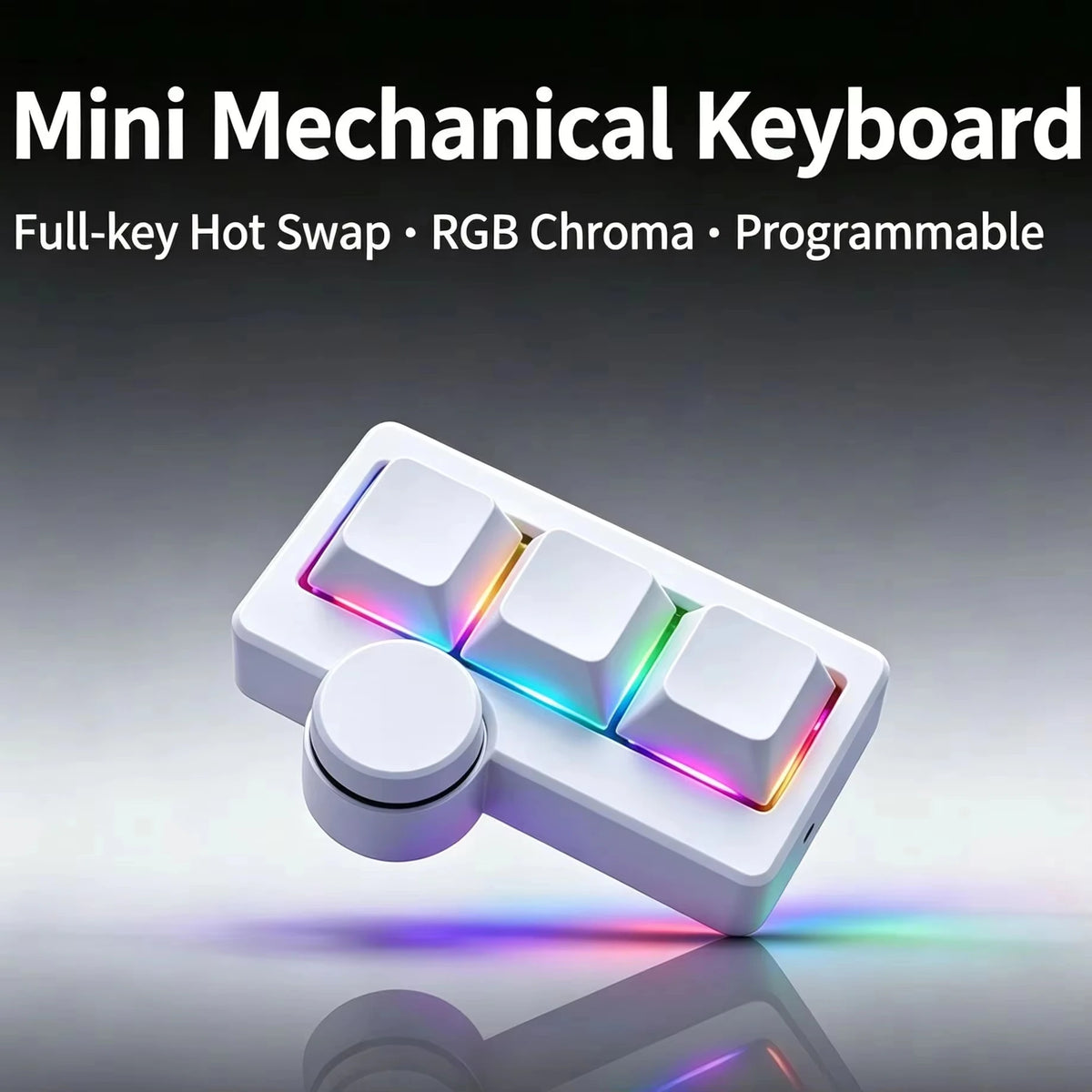 A white mini mechanical keyboard featuring RGB chroma lighting and a multimedia knob, shown from above.