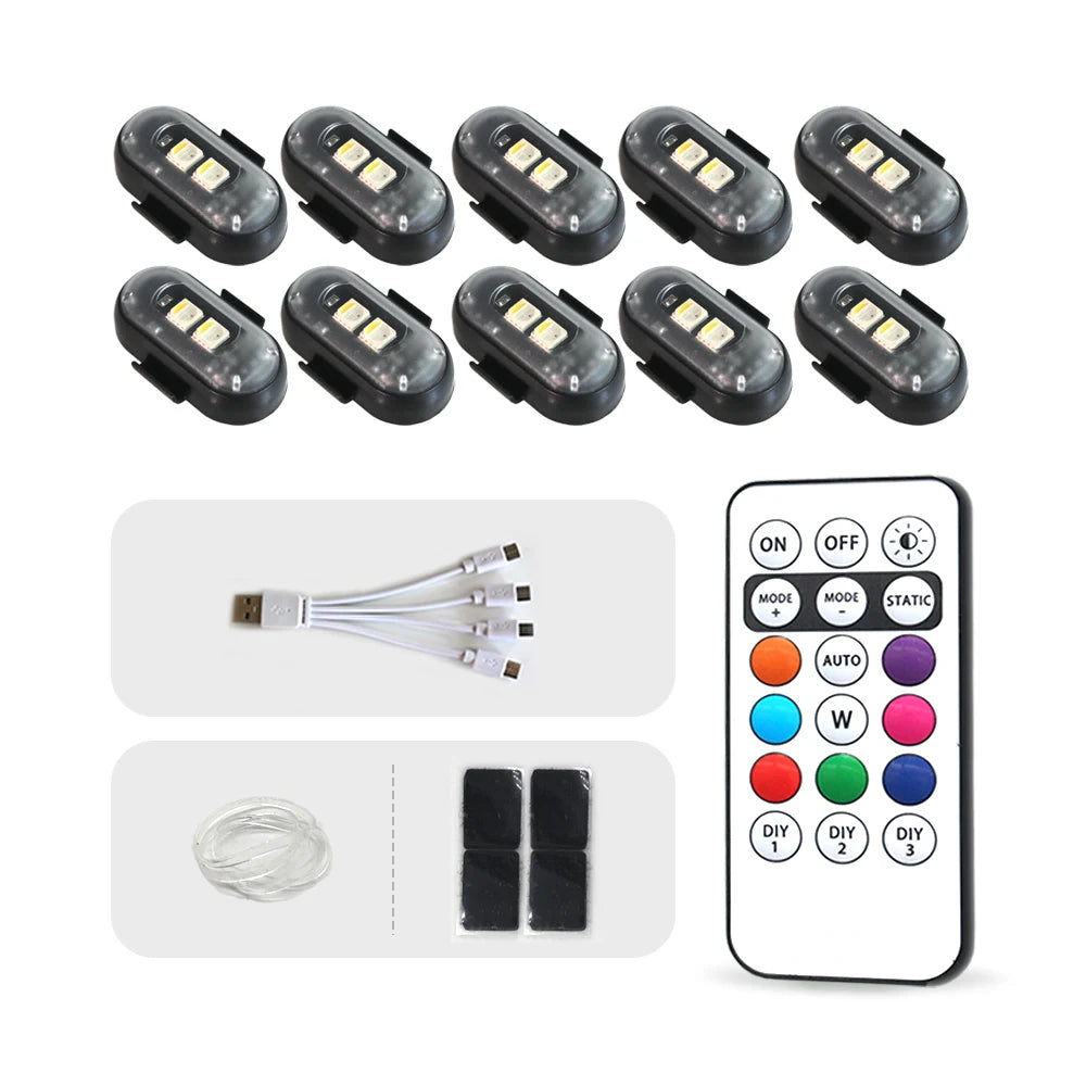 A set of eight wireless strobe lights with remotes and a remote control device for car and motorcycle use
