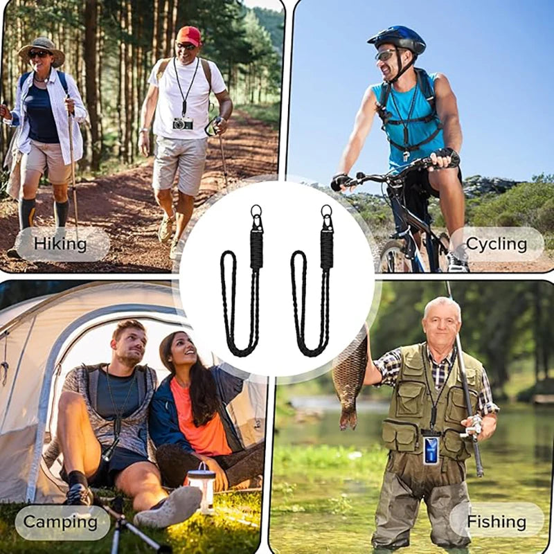 A collage showing people hiking, cycling, camping, and fishing alongside an image of a heavy duty paracord neck lanyard with 