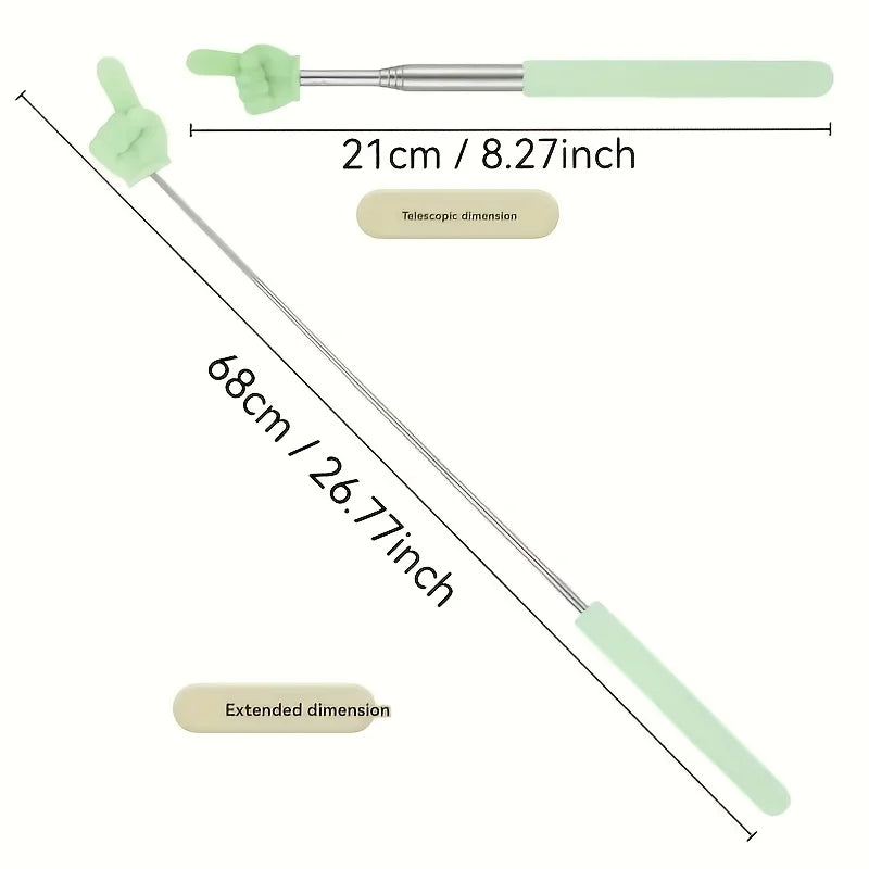 A long, slender green and silver retractable pointer with a 21cm tip and a 68cm extended dimension.
