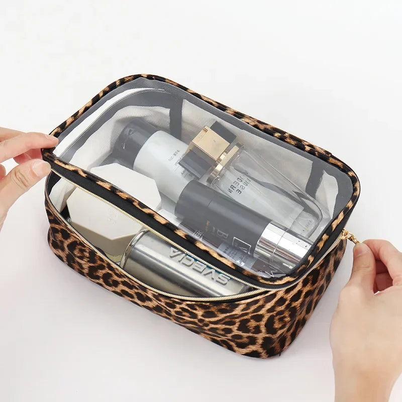 Leopard Print Transparent Makeup Bag with Waterproof Zipper