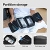 Various types of partition storage bags including waterproof, mesh, and quick zipper bags shown in use.