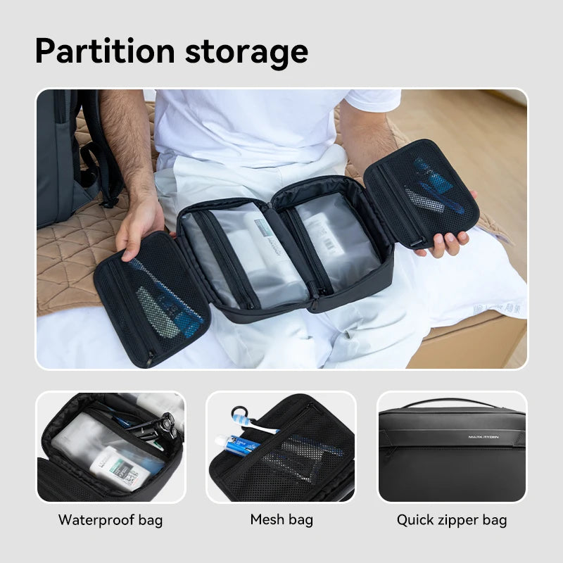 Various types of partition storage bags including waterproof, mesh, and quick zipper bags shown in use.