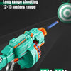 A teal electric gatling gun toy is shown firing a projectile toward a target, demonstrating 12-15 meter straight and paraboli