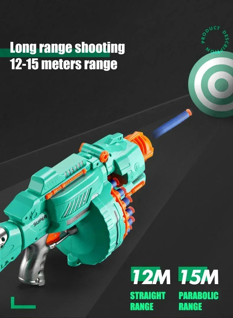 A teal electric gatling gun toy is shown firing a projectile toward a target, demonstrating 12-15 meter straight and paraboli
