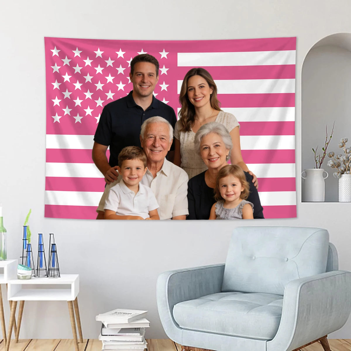Familienporträt auf rosa-weißem amerikanischem Flaggen-Tapisseriewanddekoration mit Eltern und Kindern.