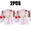 Two pink Hatsune Miku plush dolls with large ears and a white shirt and tie.