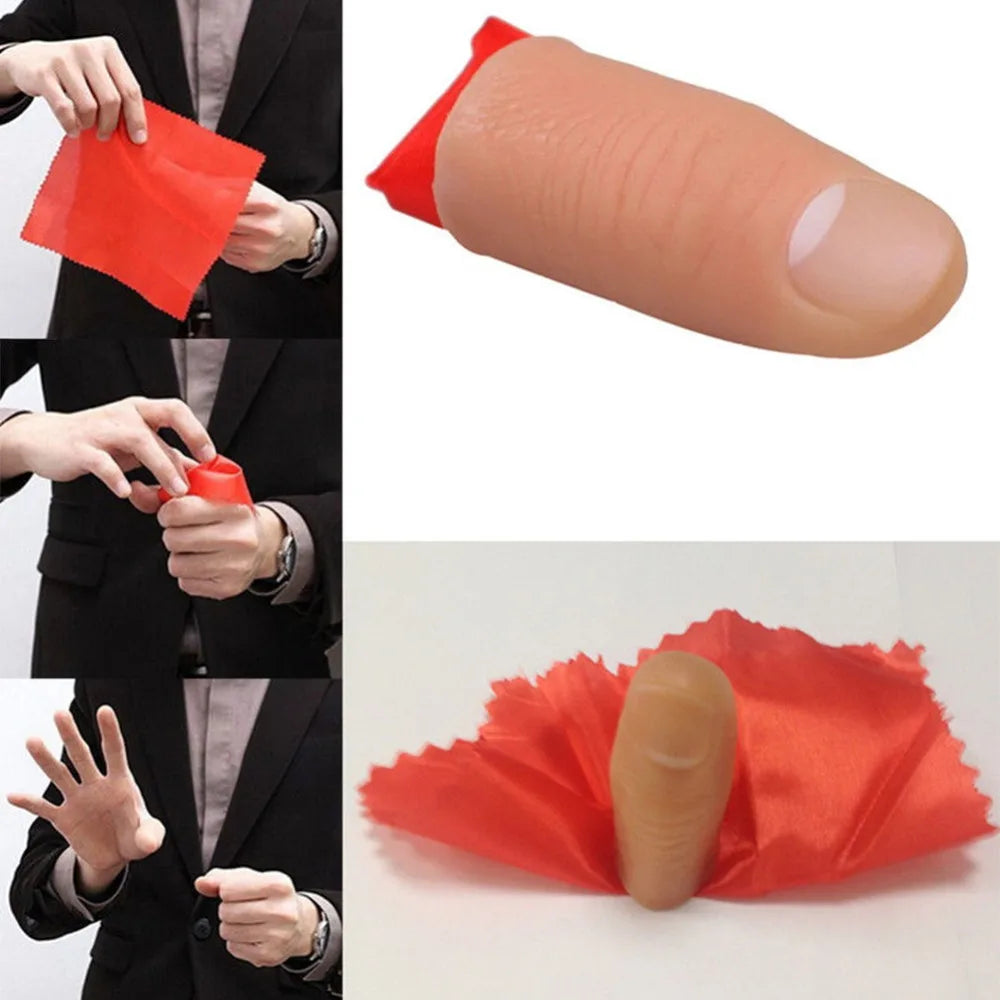 A close-up of a classic magic thumb tip product showing the orange silicone tip and accompanying red silk tissue.