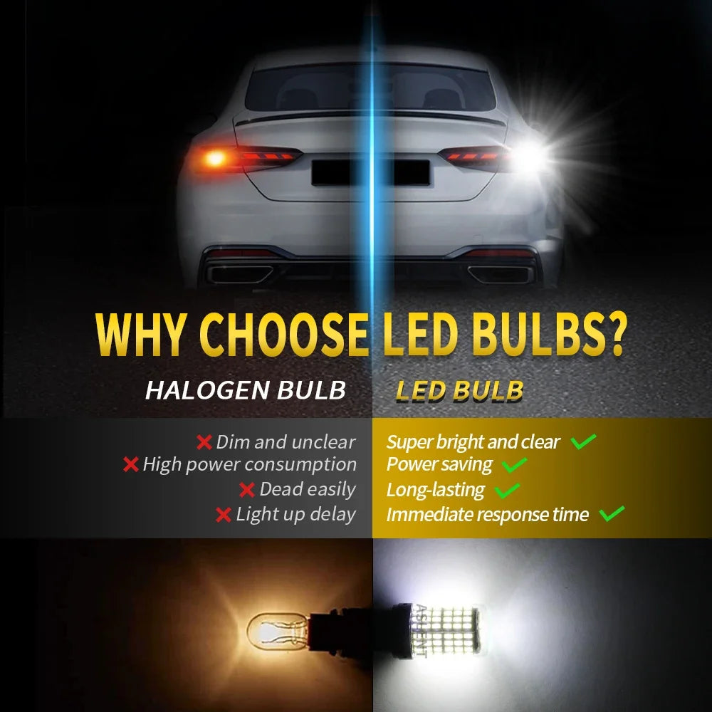 Comparison graphic showing a car's rear lights and an LED bulb, highlighting benefits like brightness and power saving.
