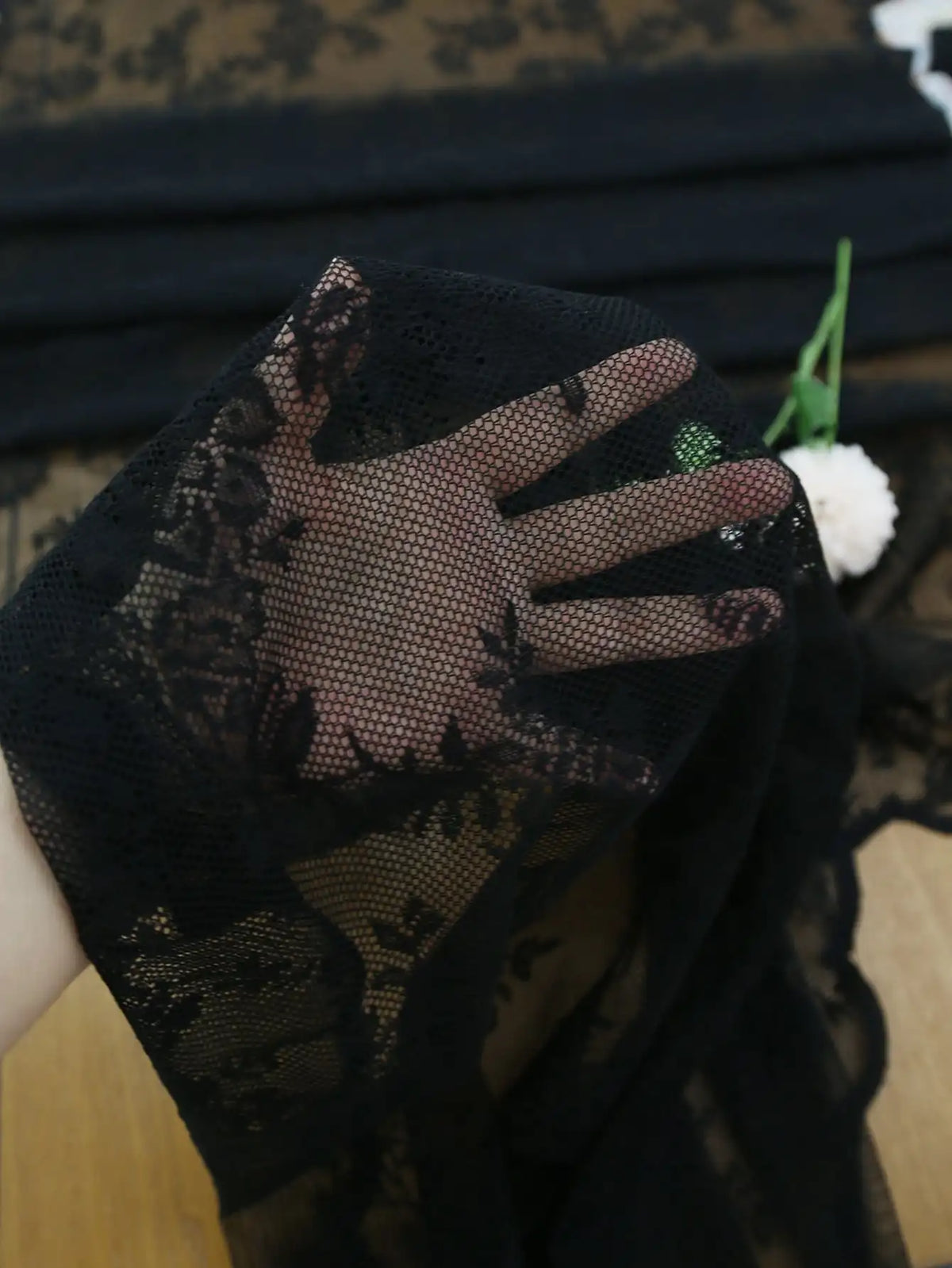 Black Floral Lace Sheer Curtain Panel with Rod Pocket