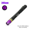 A black mini UV flashlight with a purple lens and a cylindrical body, shown next to a 395nm light source.