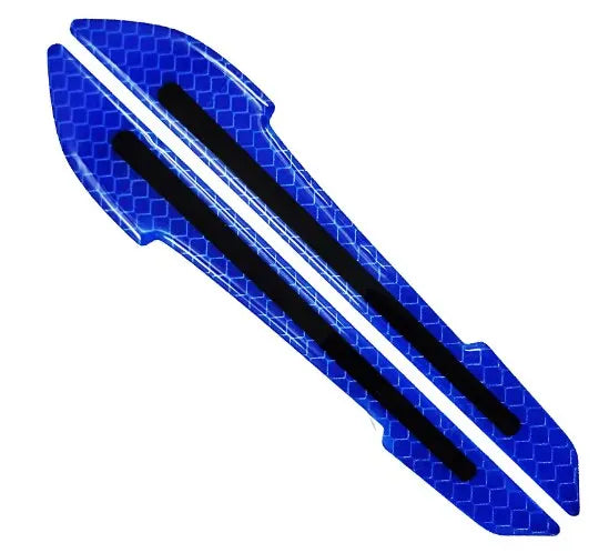 Blue reflective safety strips for a car mirror.