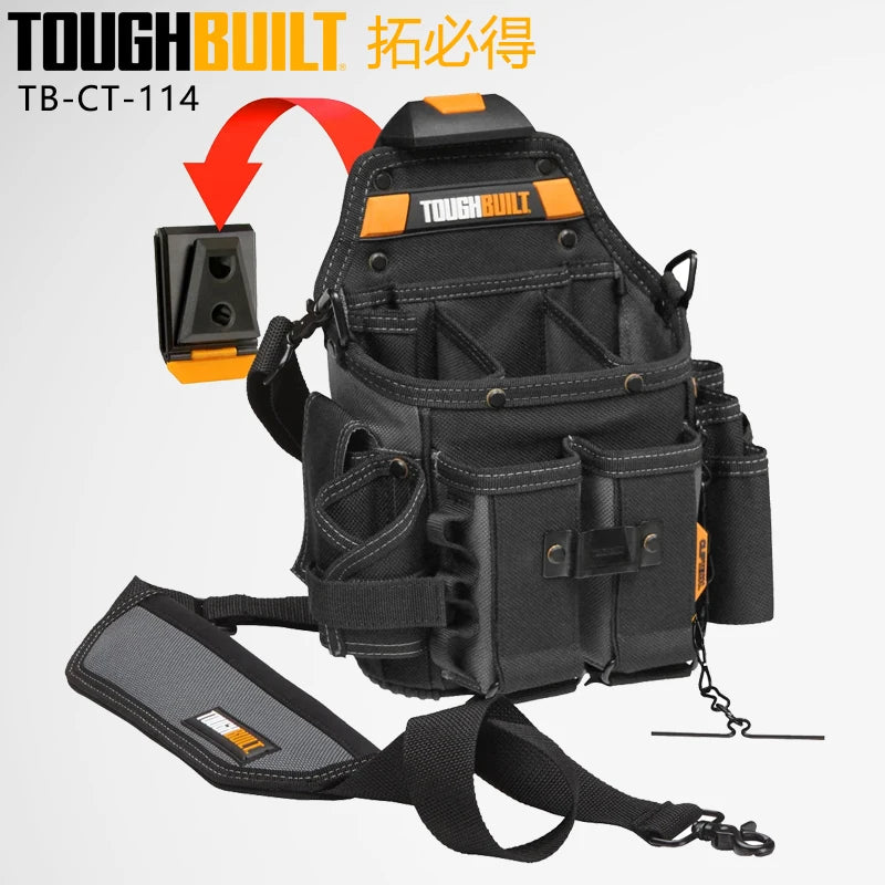Black ToughBuilt electrician tool pouch with belt clip and kickstand shown against a white background.