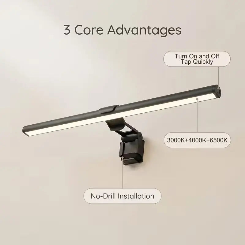A monitor light bar is shown with features like quick on/off and no-drill installation.