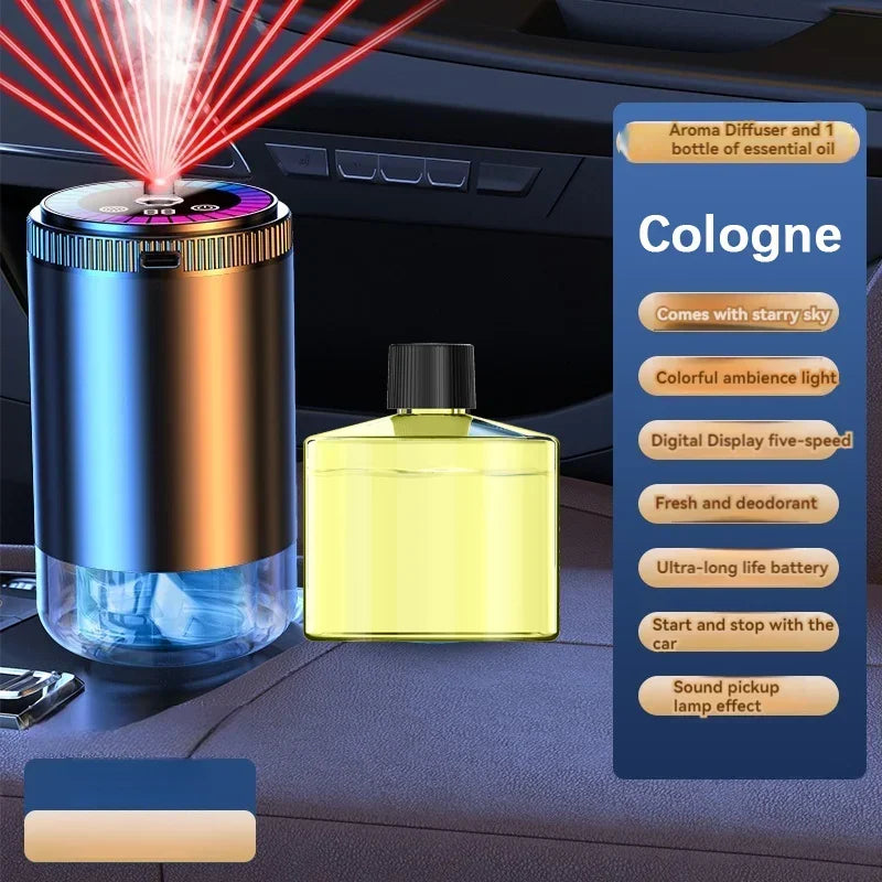 A rechargeable car aroma diffuser and essential oil bottle with a digital display and colorful ambient light