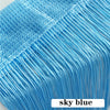 Close-up of sky blue beaded thread curtain fabric showing fine vertical threads.