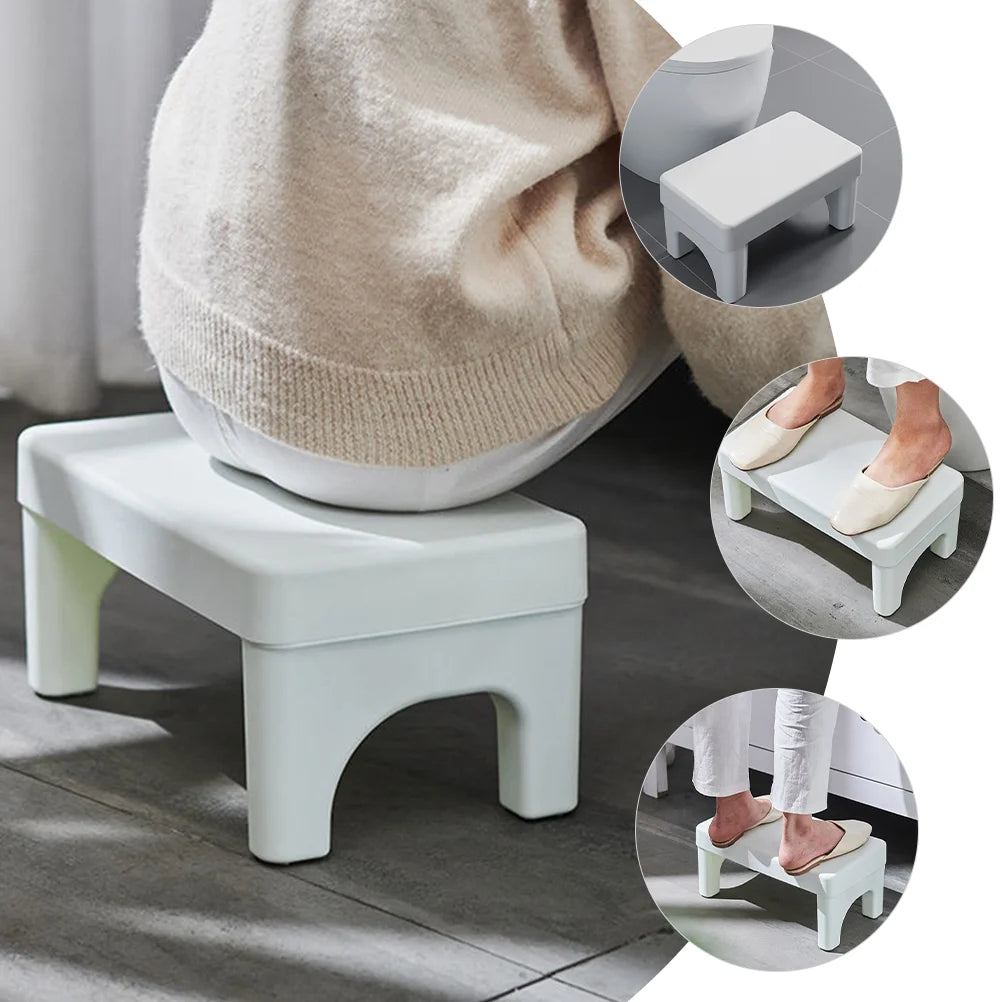 A white ergonomic toilet footstool shown in various angles, including a person using it and close-ups of the product.