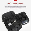 Black travel backpack showing an 180-degree zipper closure feature.