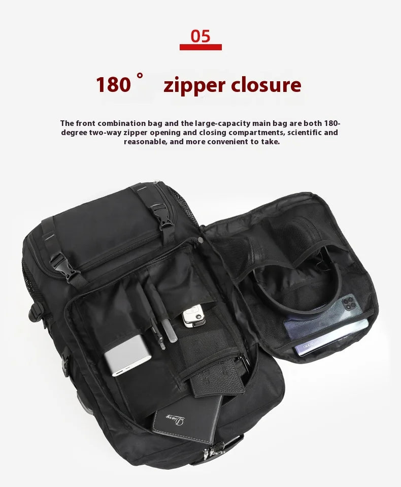 Black travel backpack showing an 180-degree zipper closure feature.