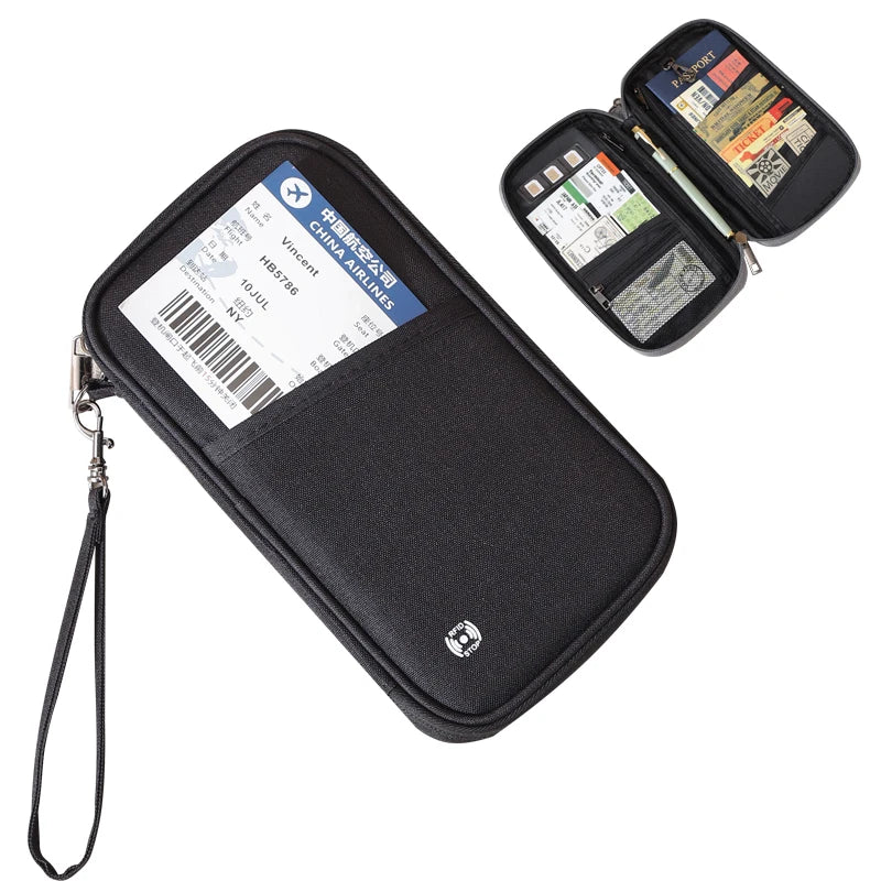 A black RFID-blocking passport holder and travel document organizer with a lanyard and an attached wallet.