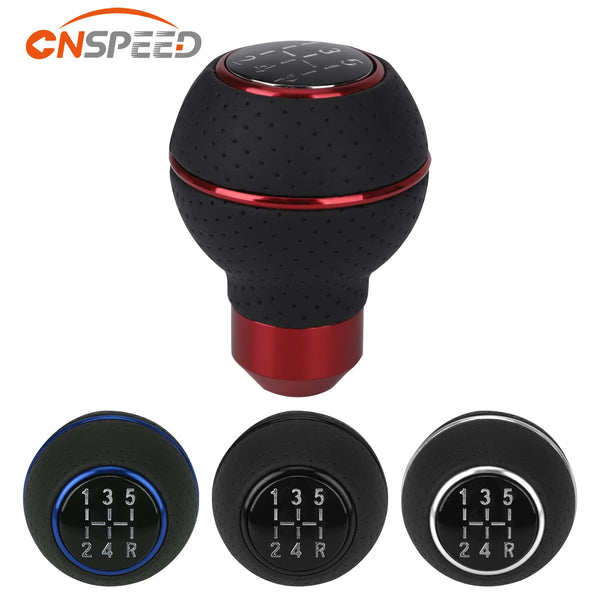 A black and red universal aluminum alloy shift knob with a leather grip and four circular buttons.