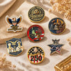 A collection of seven vintage American eagle lapel pins featuring the USA and patriotic themes on a light fabric background.