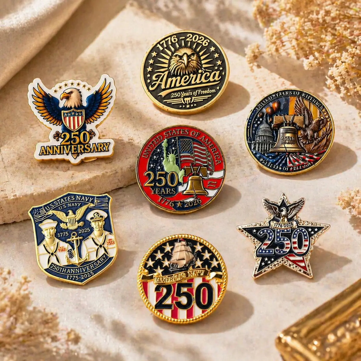 A collection of seven vintage American eagle lapel pins featuring the USA and patriotic themes on a light fabric background.