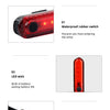 A bicycle warning taillight is shown with features like a waterproof rubber switch, LED wick, and convenient installation.