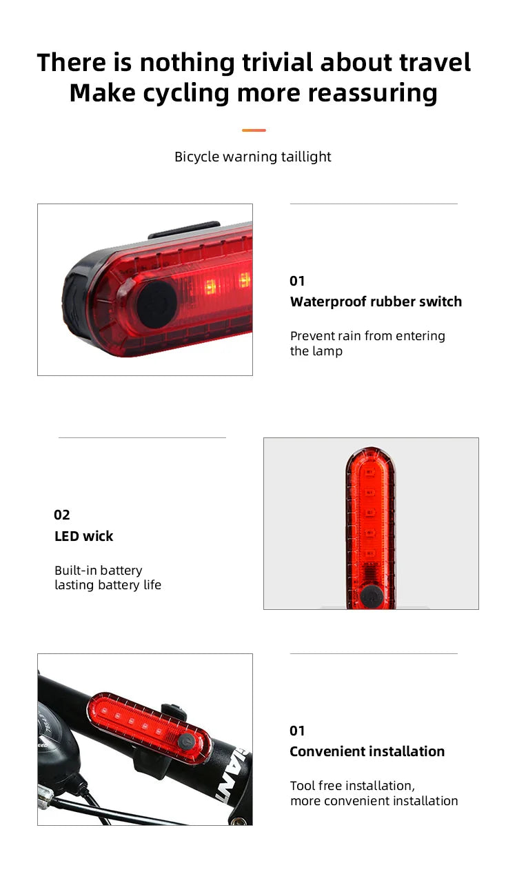A bicycle warning taillight is shown with features like a waterproof rubber switch, LED wick, and convenient installation.