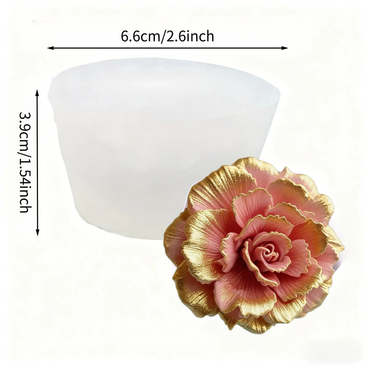 A white silicone mold shaped like a lotus flower, measuring 6.6cm wide and 3.9cm tall.