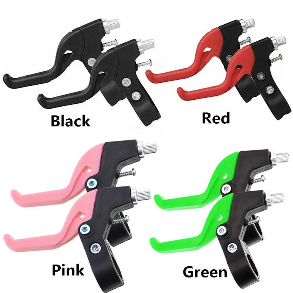 Four universal bike V-brake levers in black, red, pink, and green colors shown with ergonomic grips.