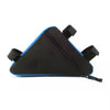 Black waterproof bike frame bag with blue trim and black Velcro straps