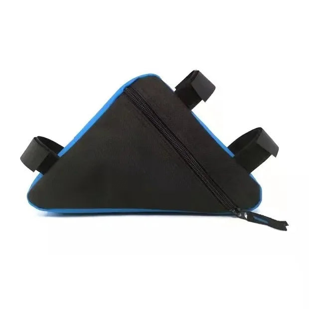Black waterproof bike frame bag with blue trim and black Velcro straps