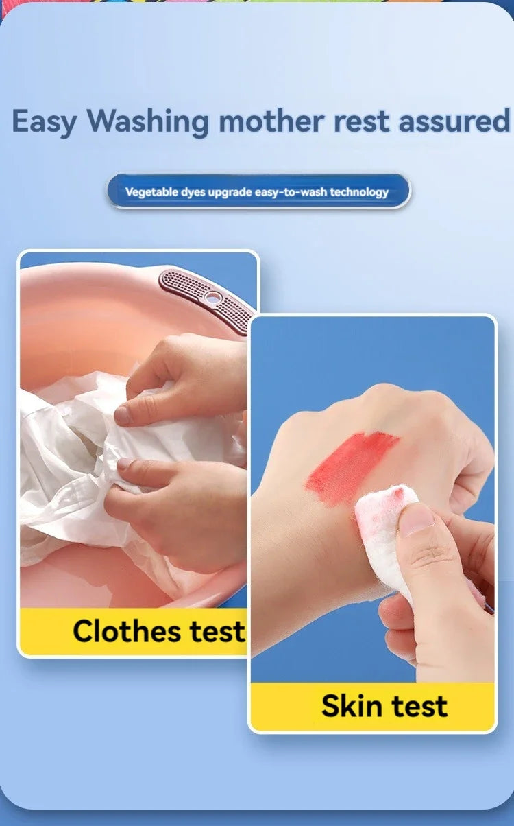 Hands are shown testing the skin and washing clothes to ensure safety of vegetable dyes for washable art markers.