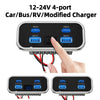 A black 4-port car charger with PD 3.0 and QC 3.0 outputs shown in various configurations.