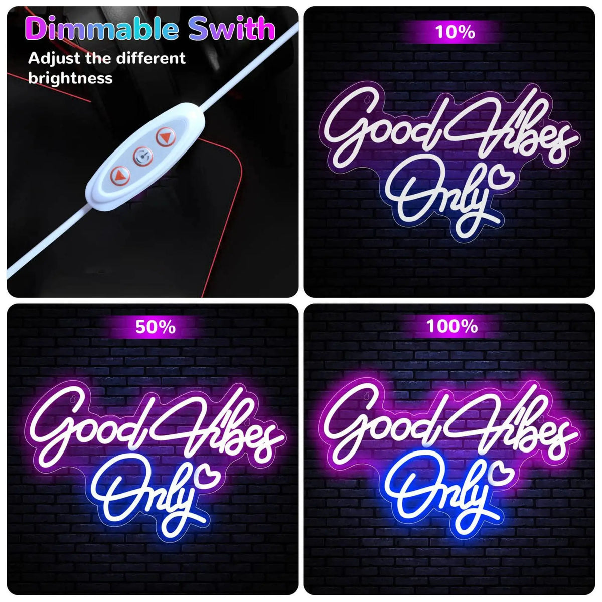 A set of neon signs showing different brightness levels for a Good Vibes Only theme.