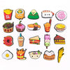 A collection of colorful PVC pins featuring various food items like sushi, ice cream, and fruit for decoration.